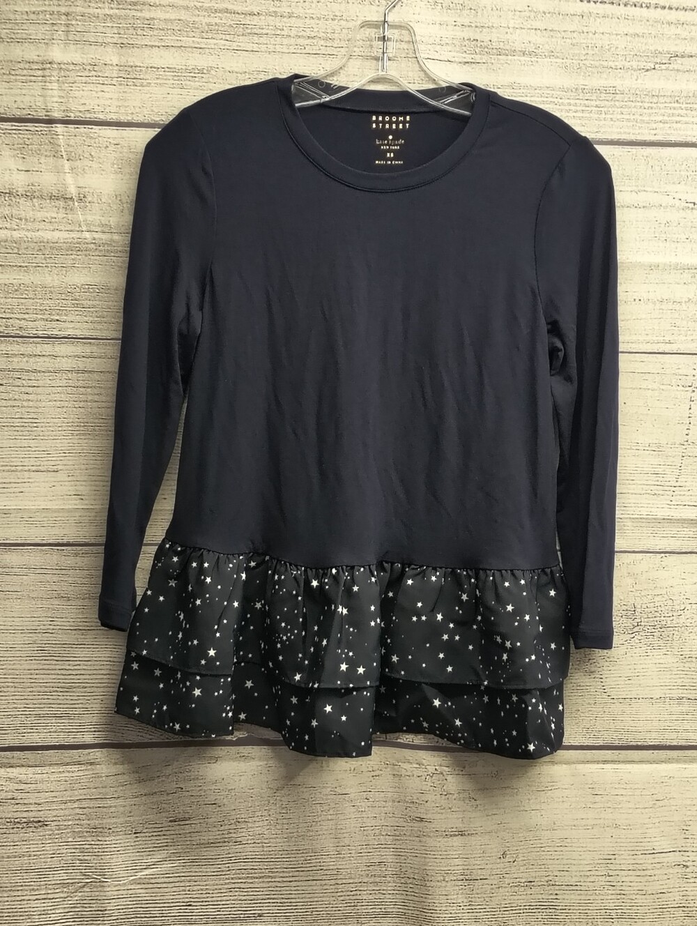 Kate Spade Boome Street 3/4 Sleeve Top Navy Blue Star Print Ruffles Size XS